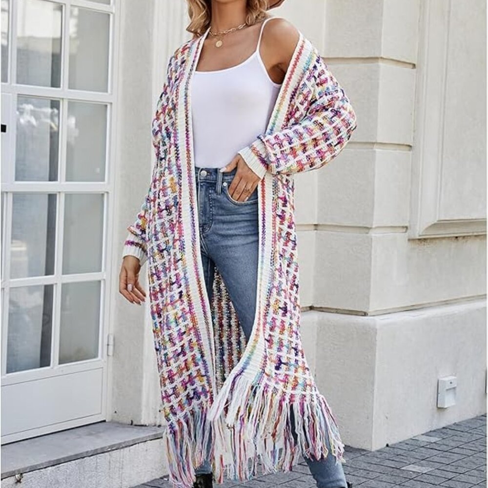 Boho cardigan sweater open front fringed tassel
